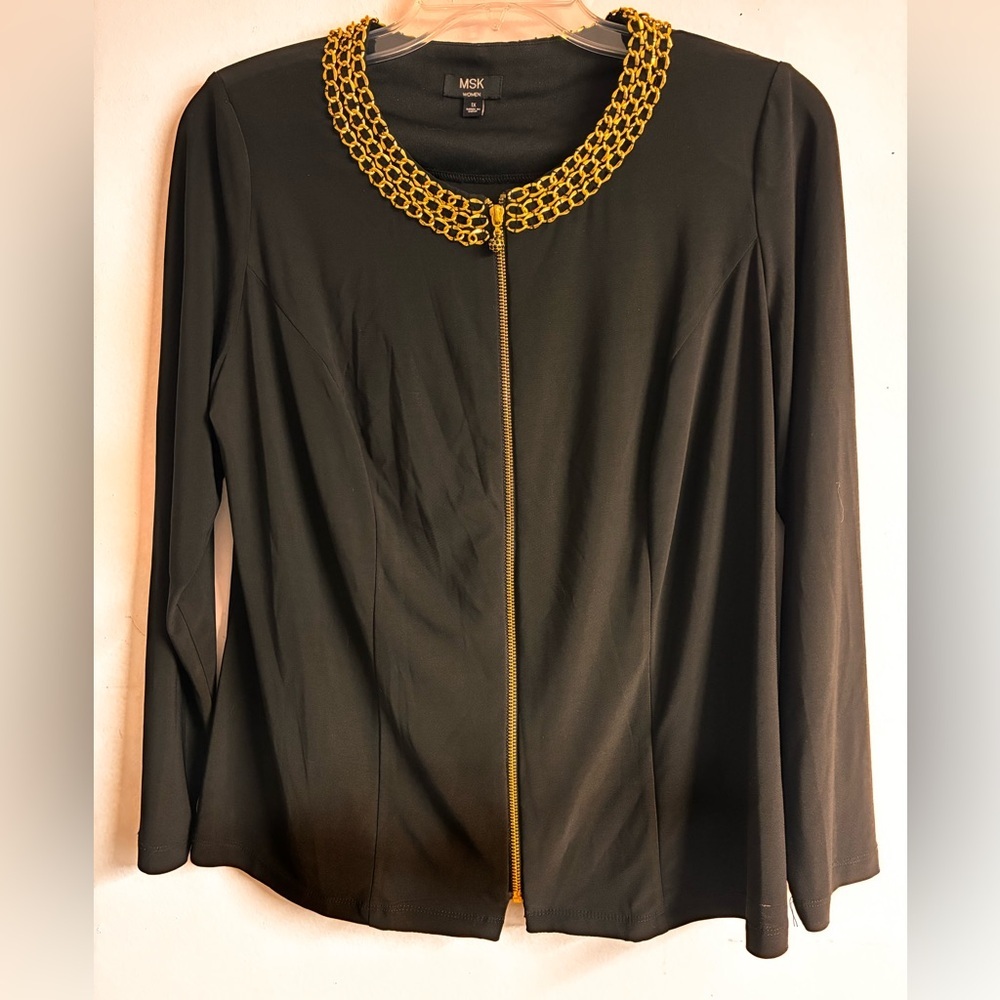 MSK Women’s Top, Long Sleeves, Size 1X, Black w Gold-Colored Accents, Front Zip